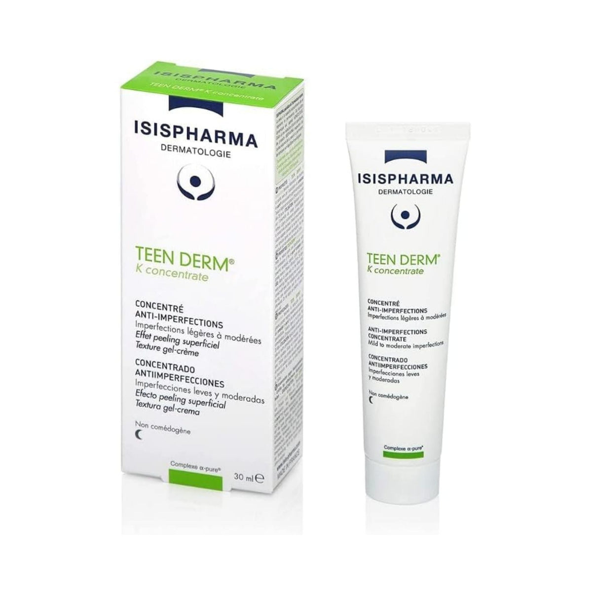 Refect Beauty Isispharma Teen Derm K Concentrate anti-imperfection treatment for oily skin in a 30ml tube and box.