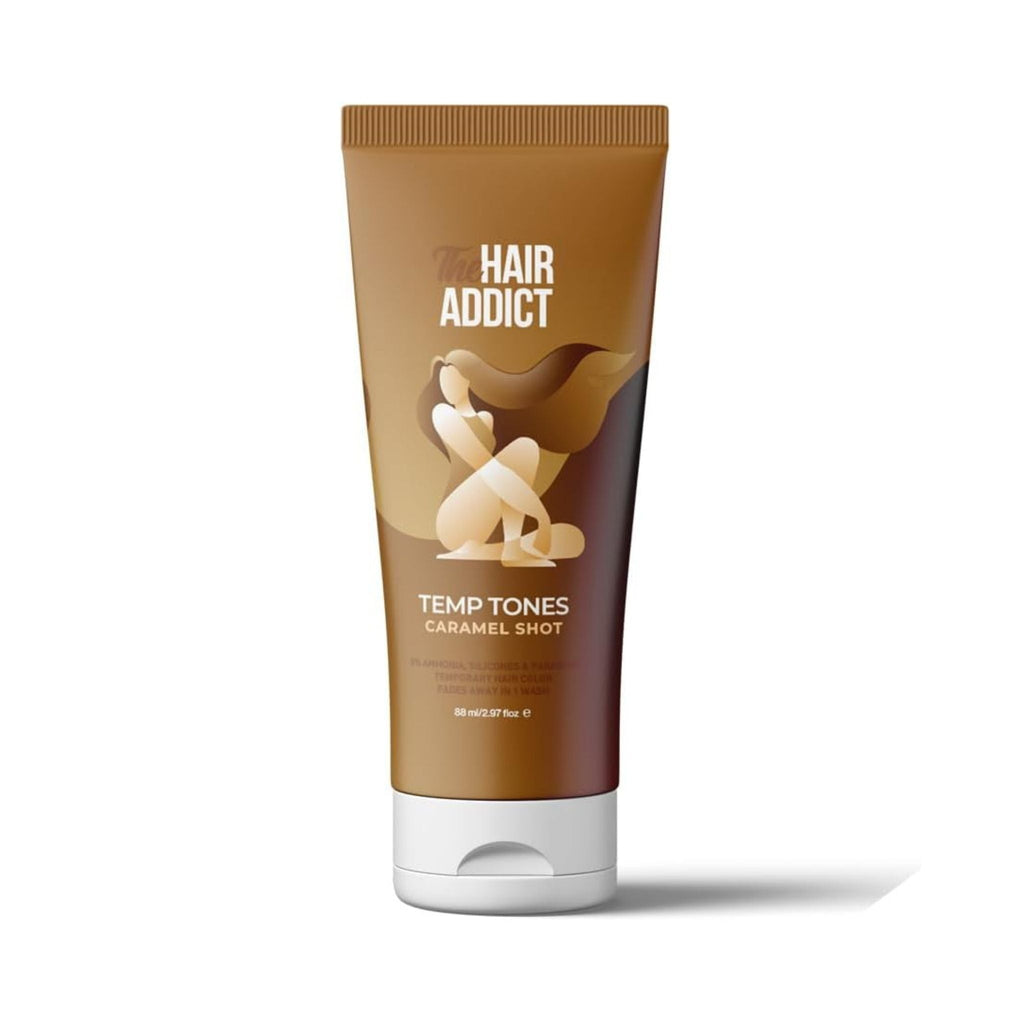 Refect Beauty The Hair Addict Temp Tones in Caramel Shot, a temporary brown hair color cream in a squeeze tube.