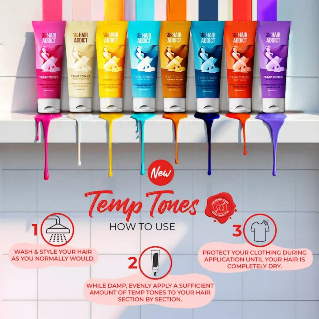 Refect Beauty The Hair Addict Temp Tones temporary hair color tubes in various vibrant shades dripping on a shelf