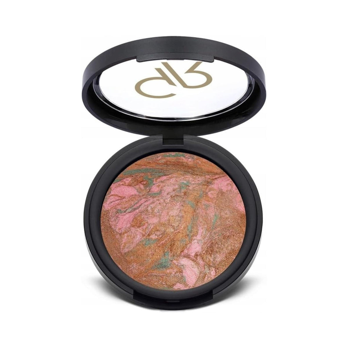 Refect Beauty Golden Rose Terracota Stardust bronzer in a black compact with a marbled pink and gold shimmer powder. 103