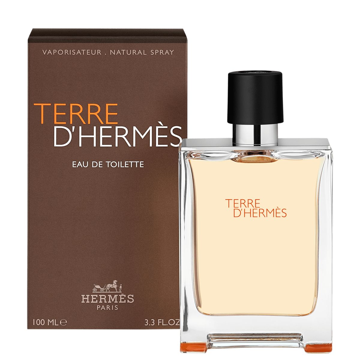 Refect Beauty Terre d'Hermès Eau de Toilette 100ml bottle with its brown branded packaging box