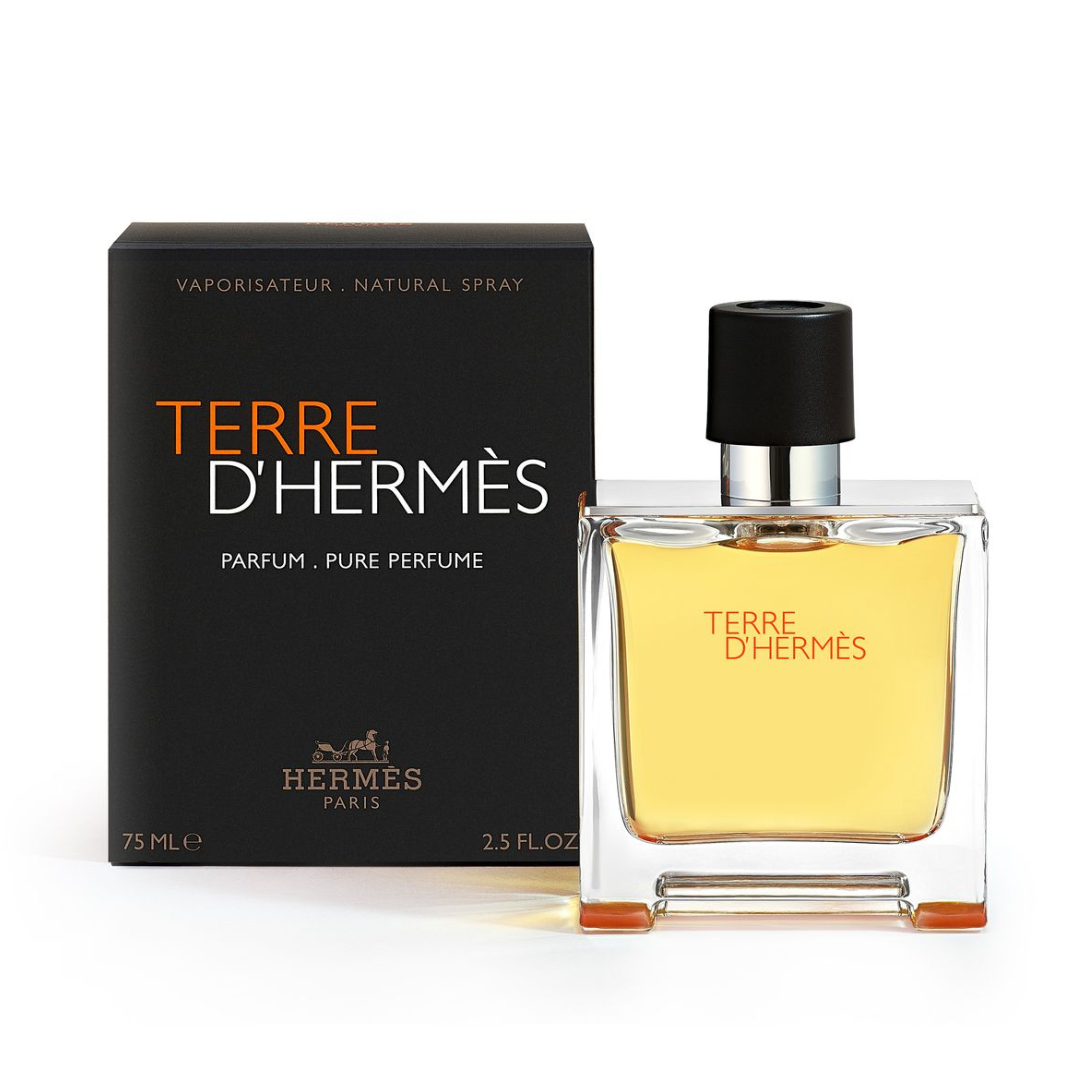 Refect Beauty Terre D'Hermès Parfum bottle and black box packaging featuring citrus and woody fragrance notes
