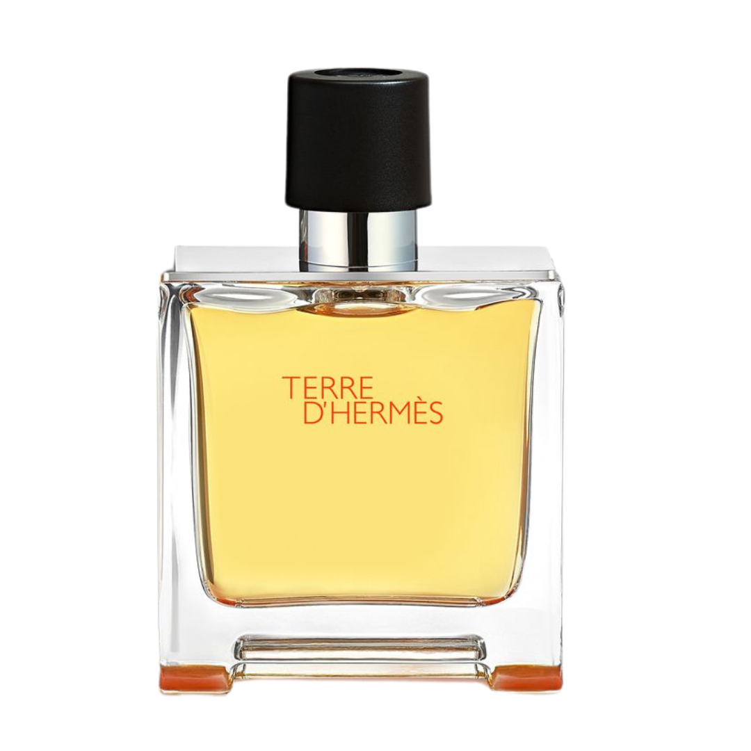 Refect Beauty Terre D'Hermès Parfum bottle with a clear glass design, amber liquid, and a sleek black cap.