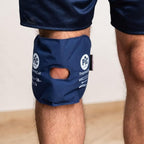 Refect Beauty Pic Solution Thermogel blue knee cushion worn on a leg for hot and cold therapy relief