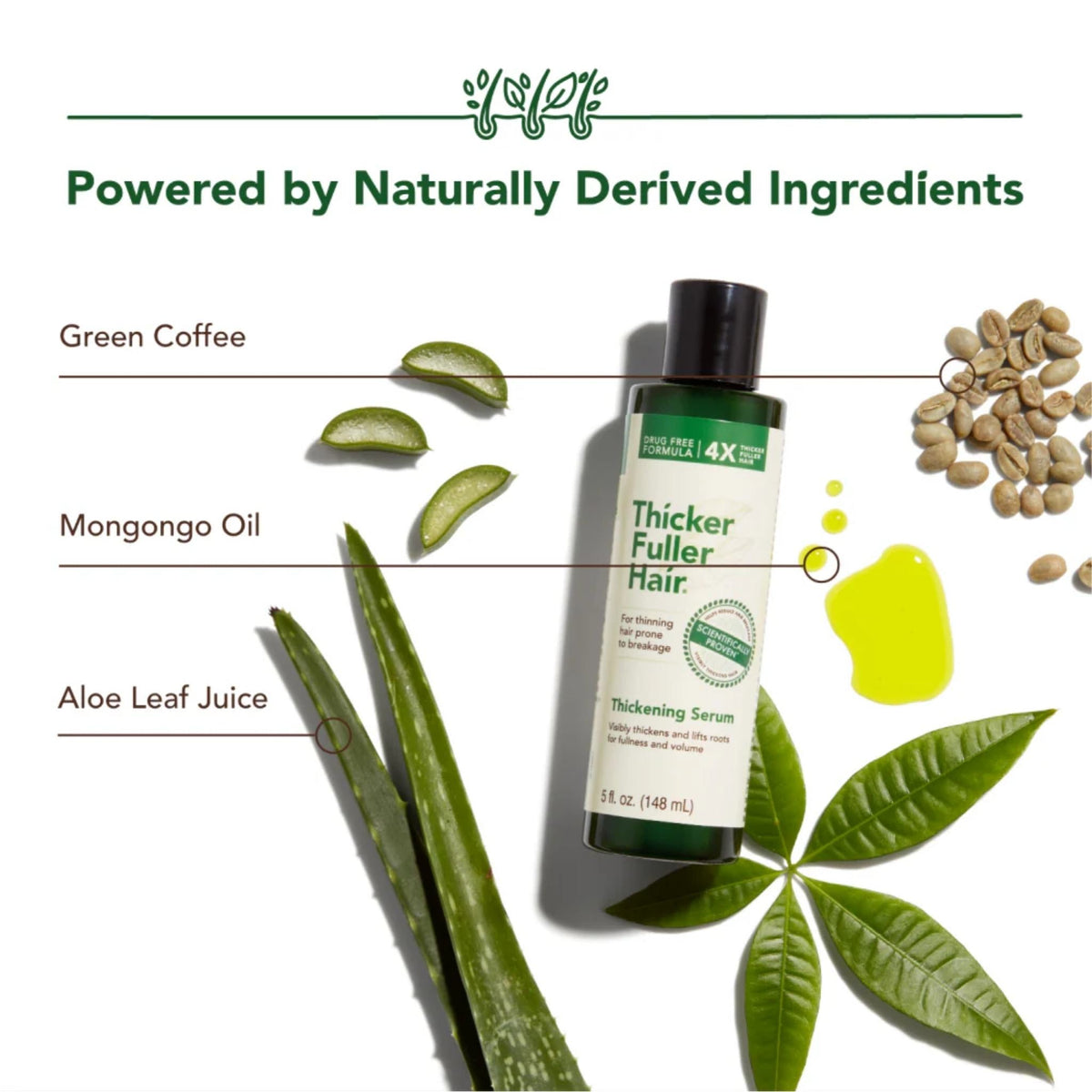 Refect Beauty Thicker Fuller Hair serum bottle surrounded by green coffee beans, mongongo oil, and aloe leaf slices.