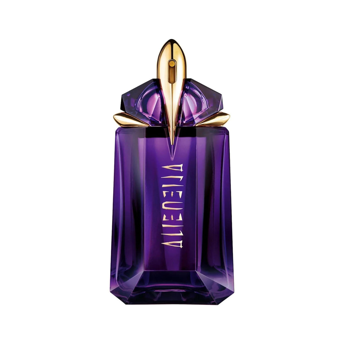 Refect Beauty Thierry Mugler Alien refillable eau de parfum in a purple amethyst-inspired bottle with gold accents.