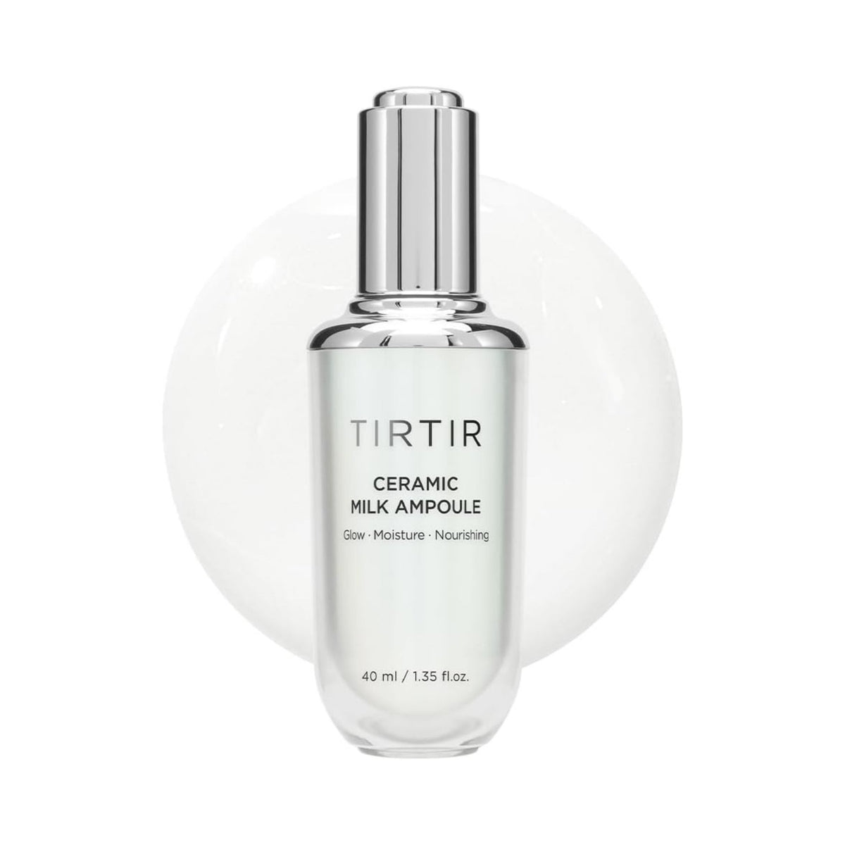 Refect Beauty TIRTIR Ceramic Milk Ampoule in a clear glass bottle with a silver dropper for a dewy glass skin glow