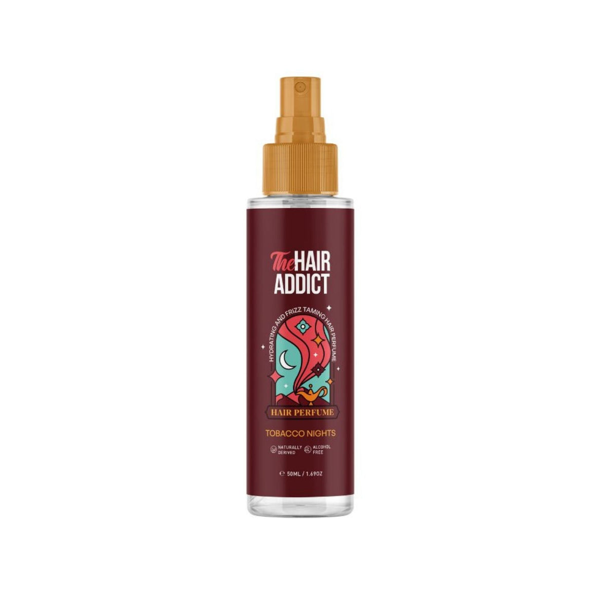 Refect Beauty The Hair Addict Tobacco Nights hair perfume mist in a clear spray bottle with a warm amber cap.