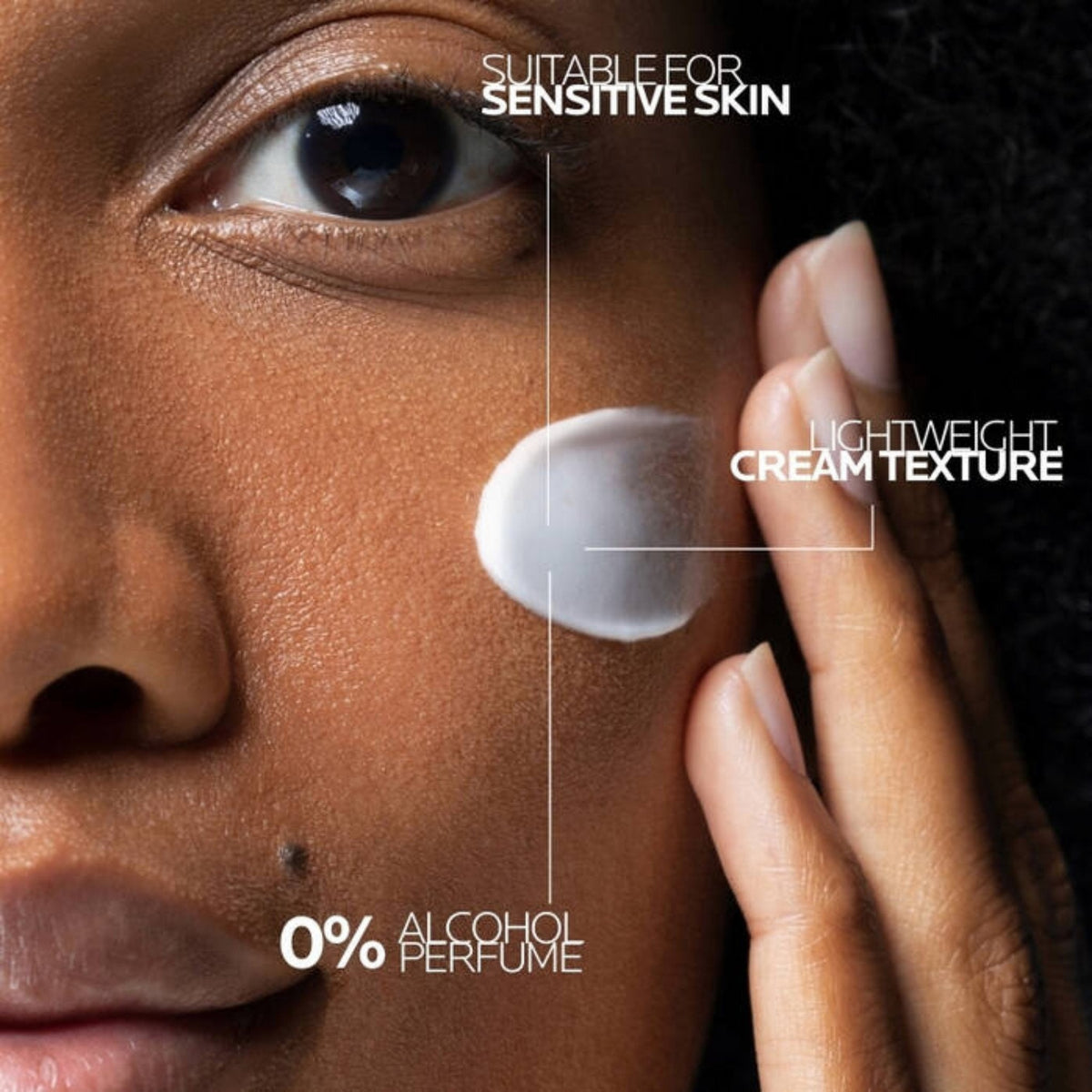 Refect Beauty La Roche-Posay Toleriane Sensitive Creme applied to a woman's cheek, showing its lightweight texture.
