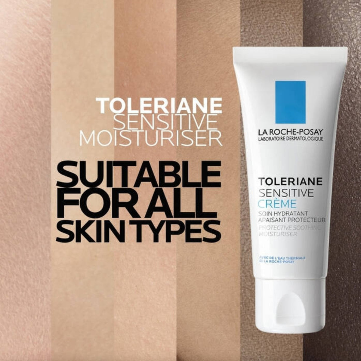 Refect Beauty La Roche-Posay Toleriane Sensitive Creme soothing moisturizer tube against a skin tone gradient background