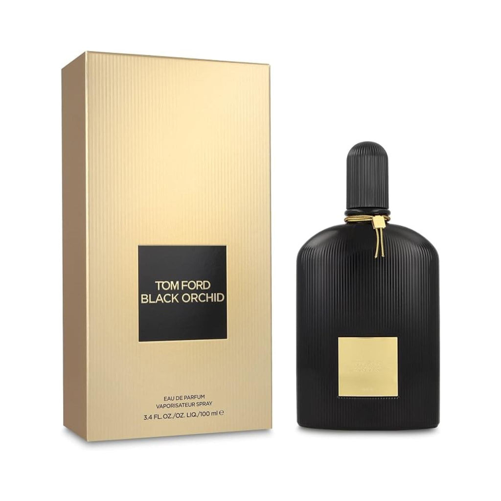 Refect Beauty Tom Ford Black Orchid Eau de Parfum bottle with its signature gold box, featuring a ribbed black design.