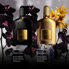 Refect Beauty Tom Ford Black Orchid perfume bottles in black and gold fluted glass surrounded by dark floral accents