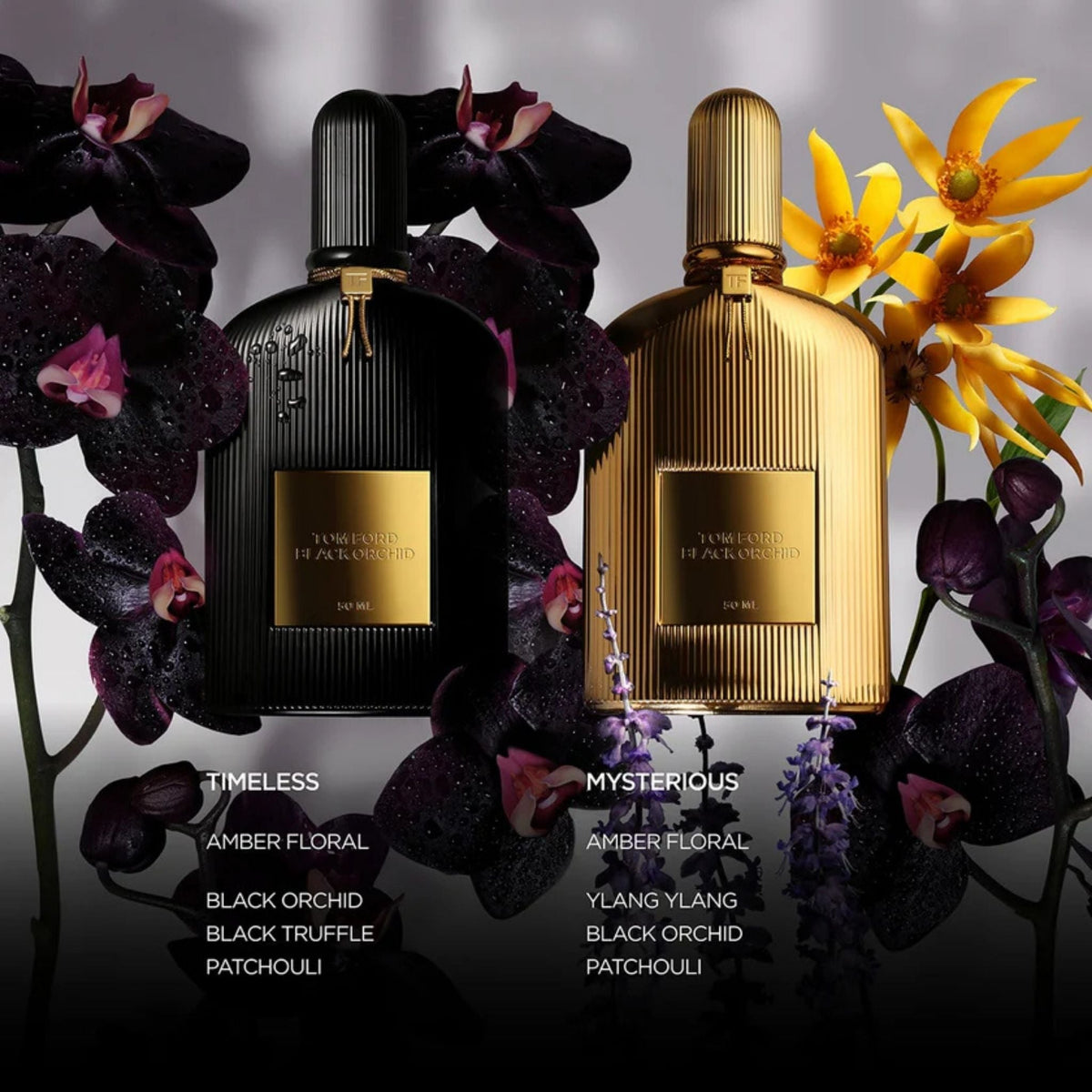 Refect Beauty Tom Ford Black Orchid perfume bottles in black and gold fluted glass surrounded by dark floral accents
