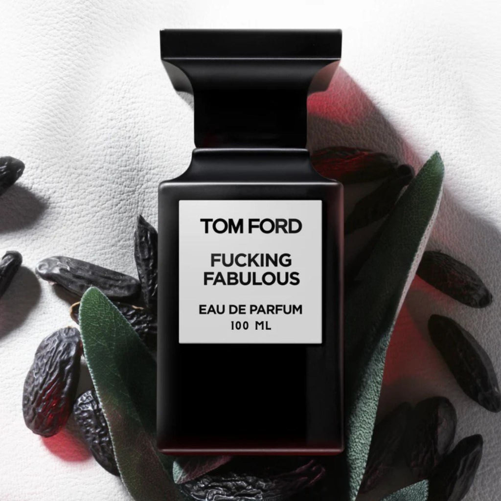 Refect Beauty Tom Ford Fucking Fabulous Eau de Parfum bottle surrounded by tonka beans and clary sage leaves.