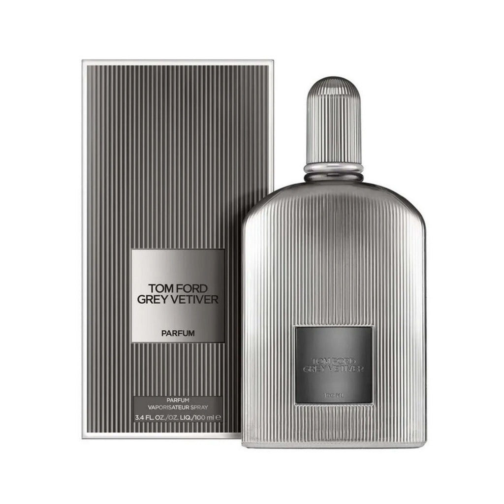 Refect Beauty Tom Ford Grey Vetiver Parfum for men in a metallic ribbed bottle with matching grey presentation box.