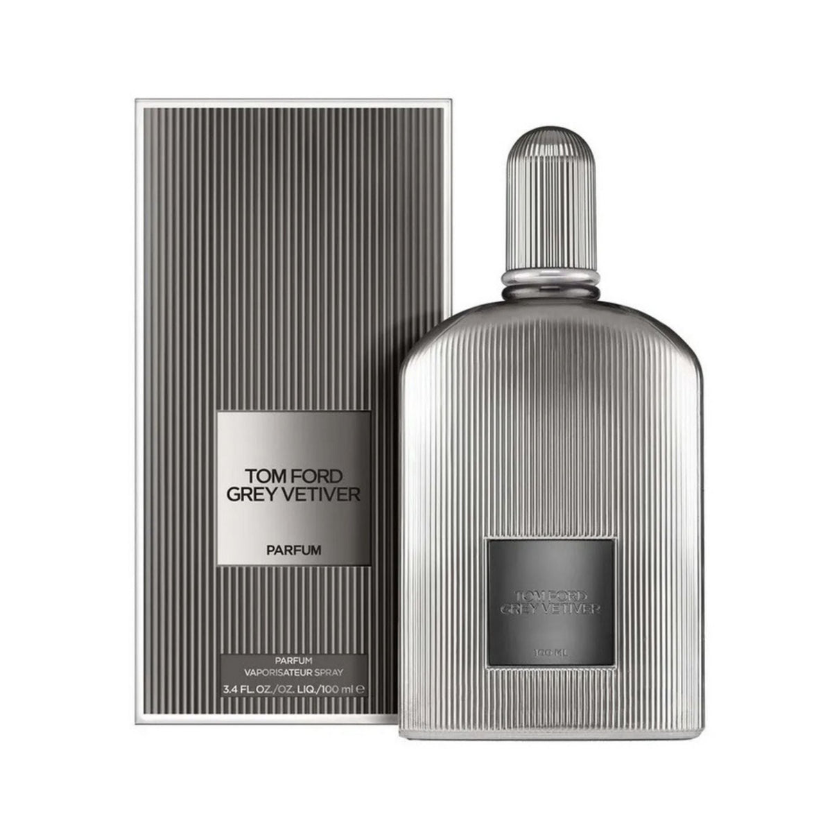 Refect Beauty Tom Ford Grey Vetiver Parfum for men in a metallic ribbed bottle with matching grey presentation box.