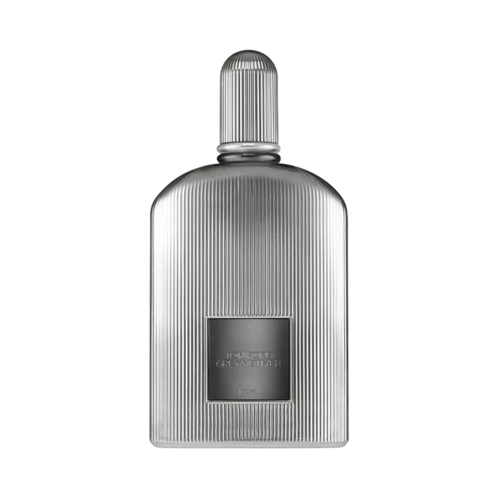 Refect Beauty Tom Ford Grey Vetiver Parfum for men in a sleek, ribbed metallic silver bottle with a dark label.