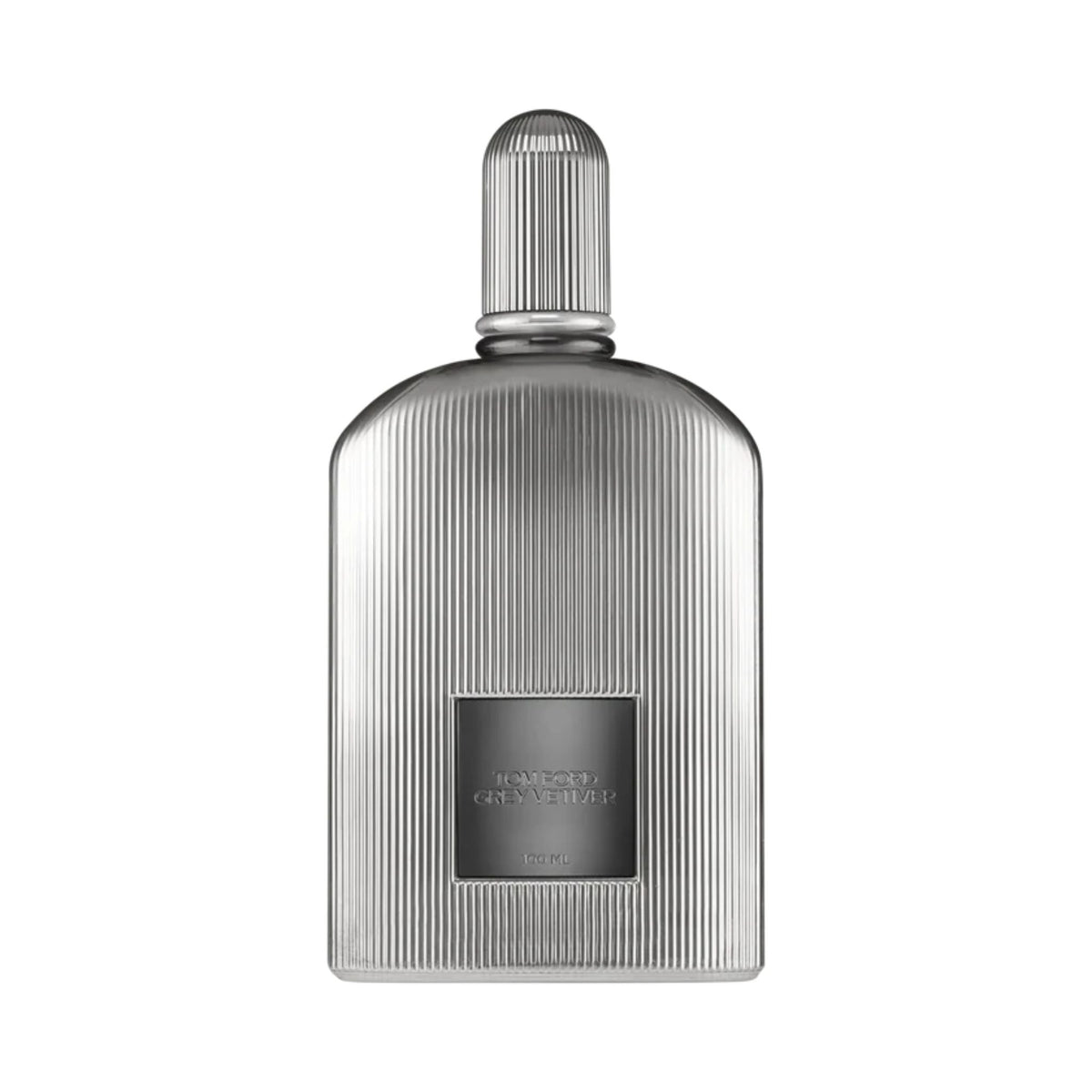 Refect Beauty Tom Ford Grey Vetiver Parfum for men in a sleek, ribbed metallic silver bottle with a dark label.