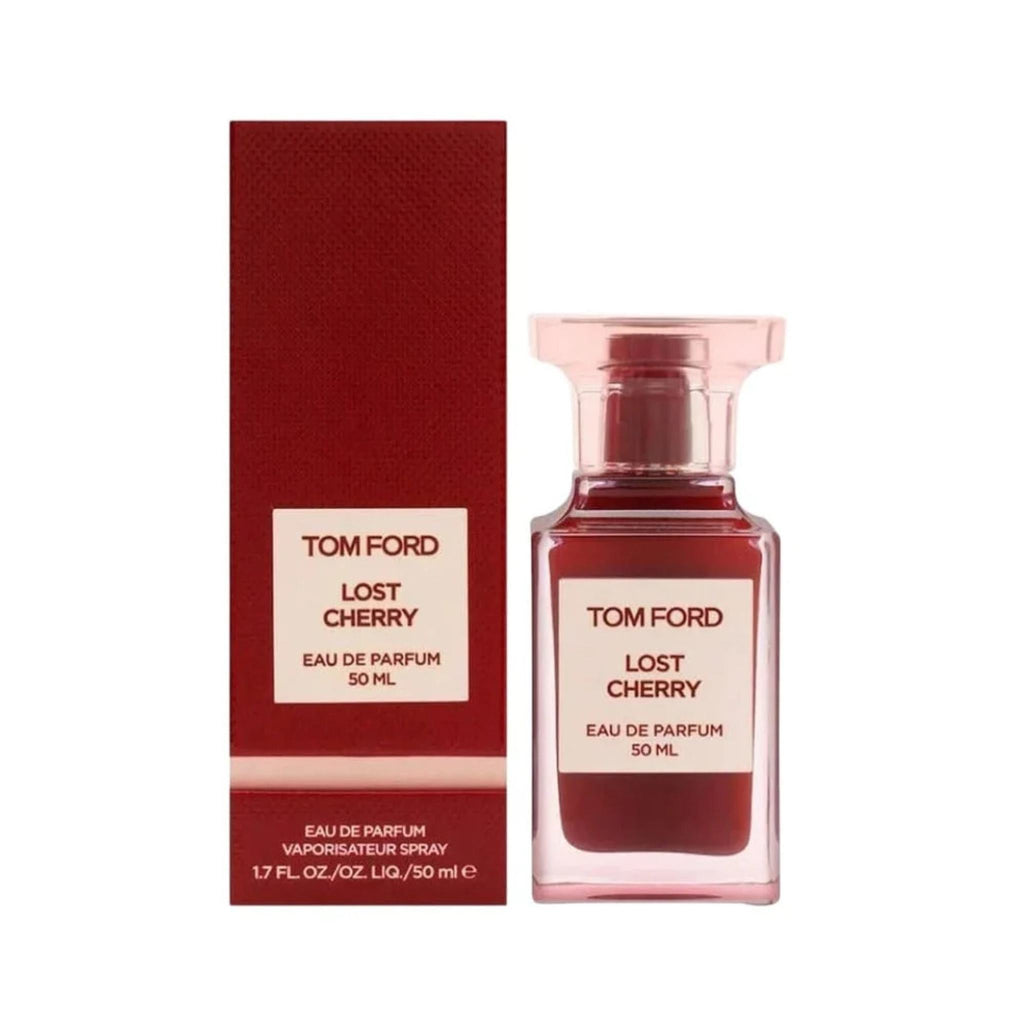 Refect Beauty Tom Ford Lost Cherry Eau de Parfum bottle and matching dark red box with elegant branding