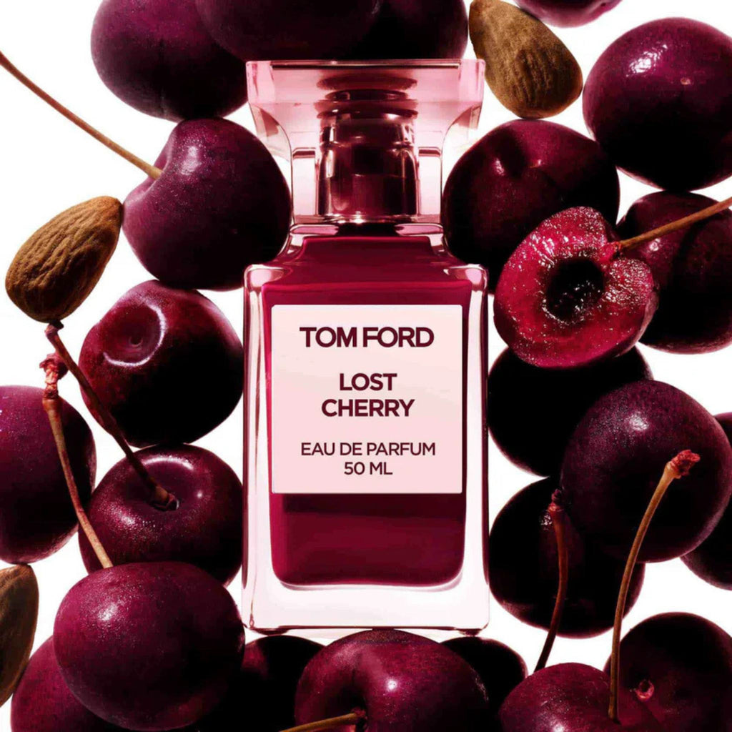 Refect Beauty Tom Ford Lost Cherry Eau de Parfum bottle surrounded by fresh black cherries and almonds