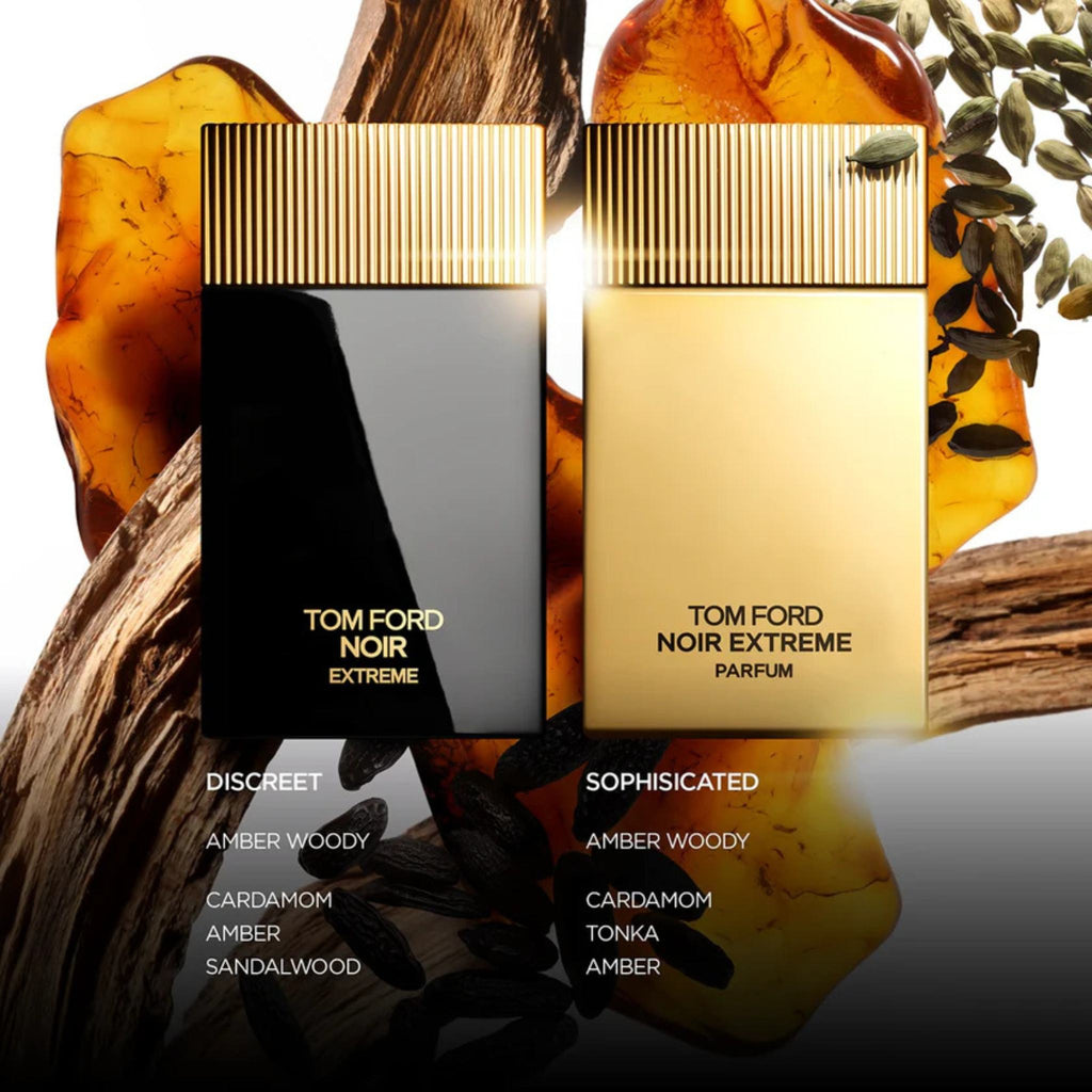 Refect Beauty Tom Ford Noir Extreme and Parfum bottles with amber, sandalwood, and spice accents.