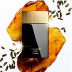 Refect Beauty Tom Ford Noir Extreme eau de parfum bottle with gold cap, surrounded by amber resin and cardamom pods.