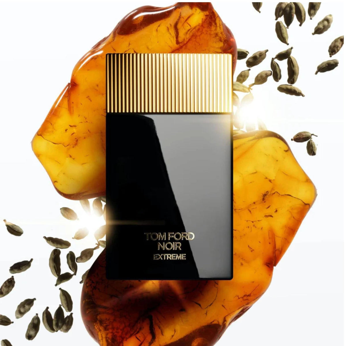 Refect Beauty Tom Ford Noir Extreme eau de parfum bottle with gold cap, surrounded by amber resin and cardamom pods.