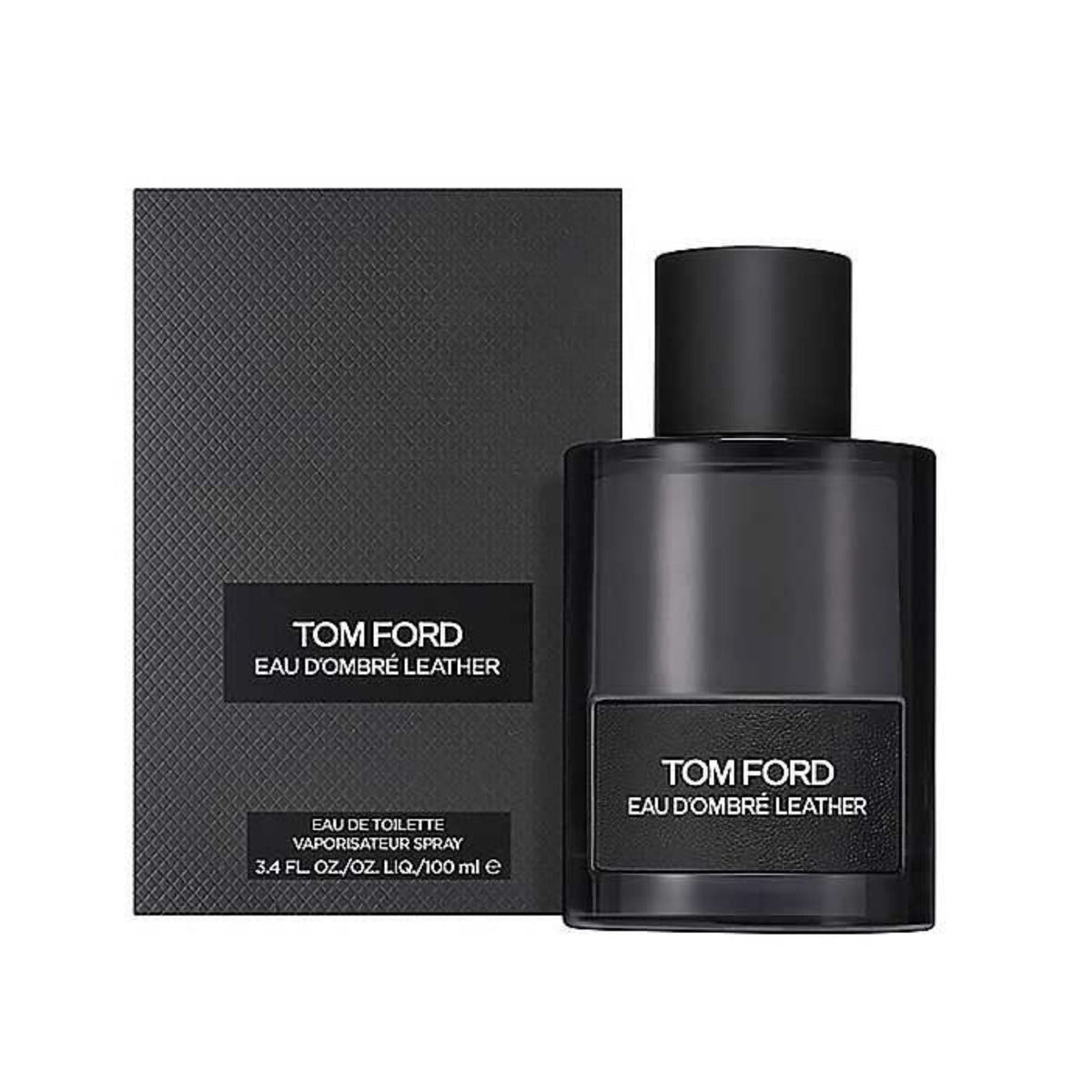 Refect Beauty Tom Ford Eau d'Ombré Leather eau de toilette bottle and textured black box on a white background.