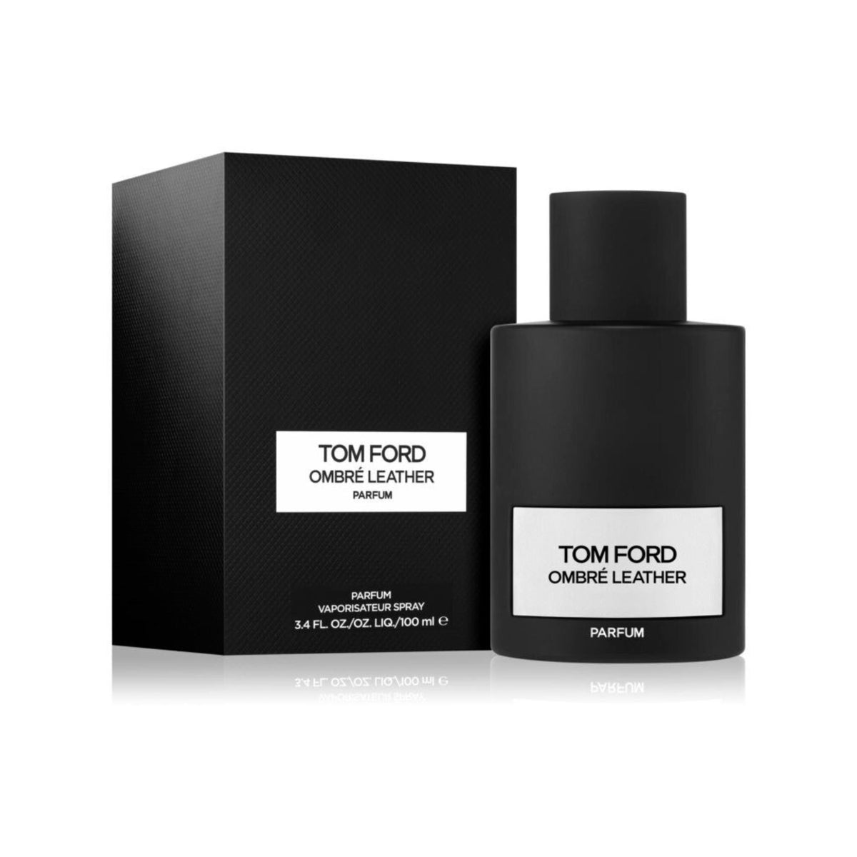 Refect Beauty Tom Ford Ombre Leather Parfum bottle and black textured box with white labels on a white background
