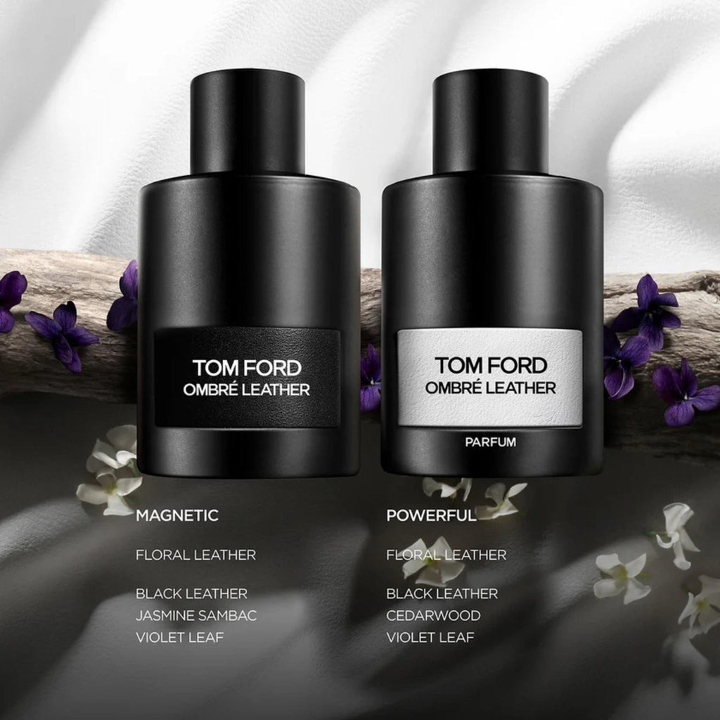 Refect Beauty Tom Ford Ombre Leather Parfum and Eau de Parfum bottles featuring black leather and floral notes.