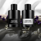 Refect Beauty Tom Ford Ombre Leather Parfum and Eau de Parfum bottles featuring black leather and floral notes.