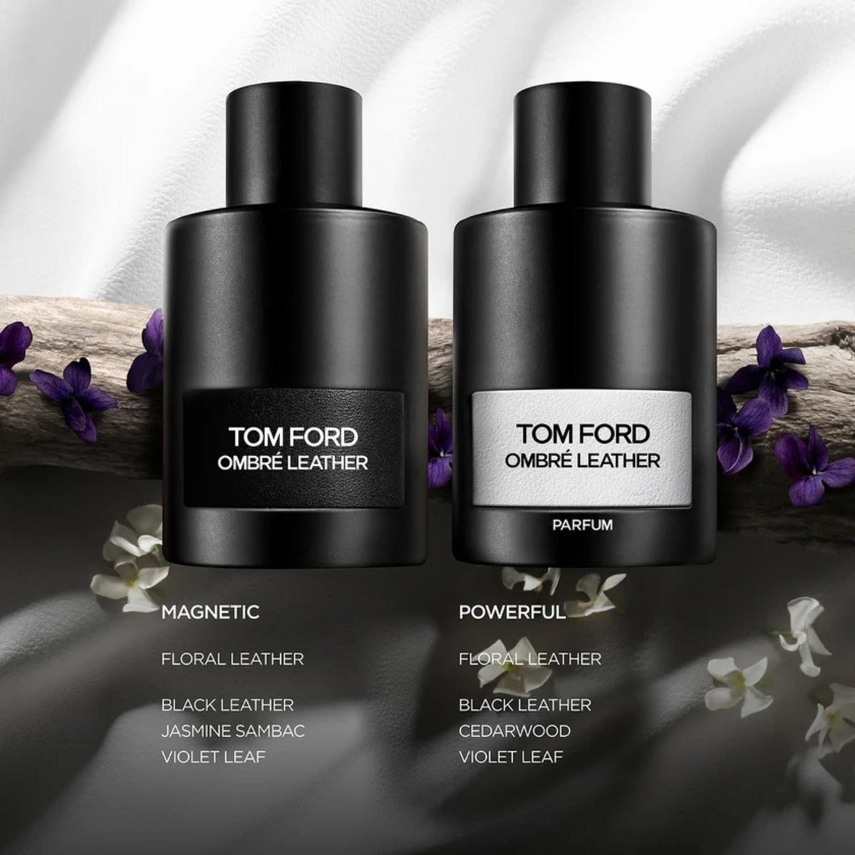 Refect Beauty Tom Ford Ombre Leather and Parfum bottles featuring black leather textures and floral notes
