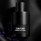 Refect Beauty Tom Ford Ombre Leather eau de parfum bottle in matte black on a textured leather background with flowers