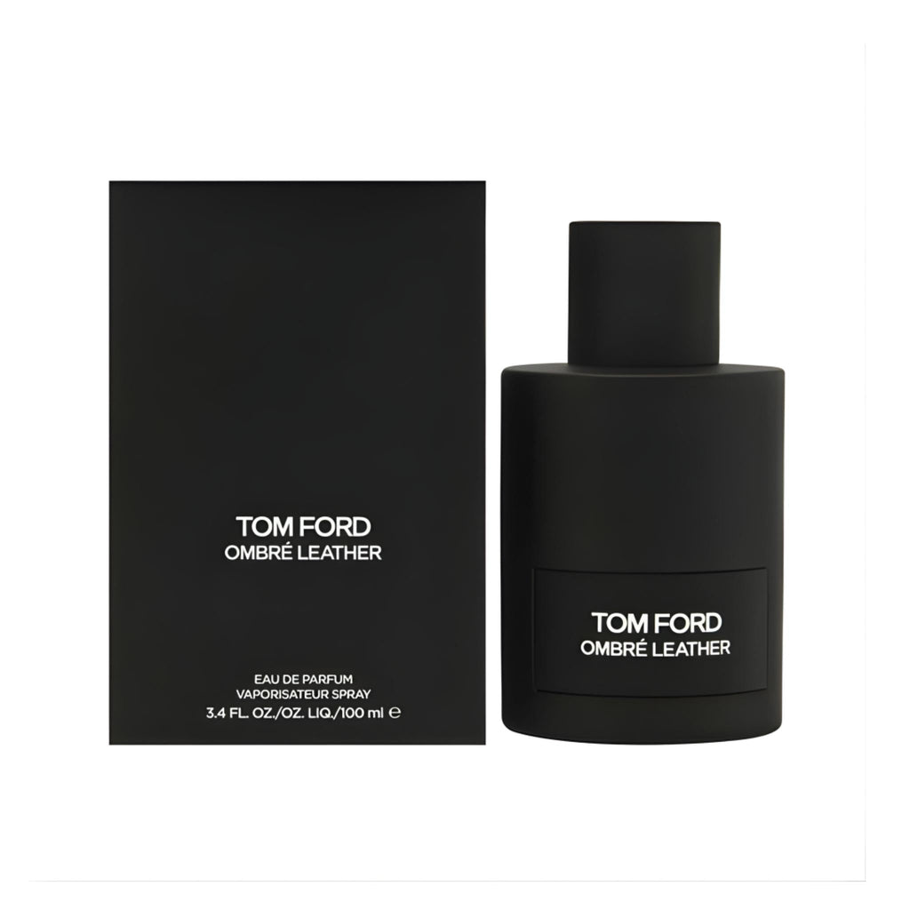 Refect Beauty Tom Ford Ombre Leather Eau de Parfum bottle and black box packaging featuring a minimalist matte design.