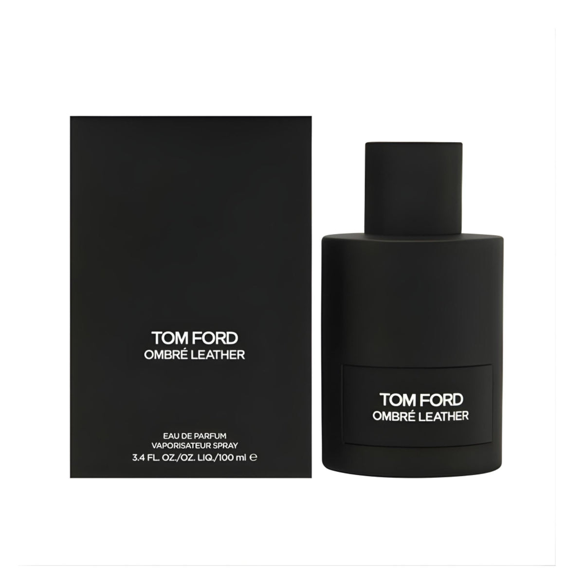 Refect Beauty Tom Ford Ombre Leather Eau de Parfum bottle and black box packaging featuring a minimalist matte design.
