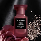 Refect Beauty Tom Ford Rose Exposed unisex eau de parfum bottle with rose petals and peppercorns on black leather