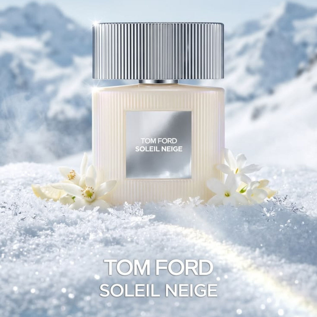 Refect Beauty Tom Ford Soleil Neige perfume bottle set in snowy landscape with white floral accents