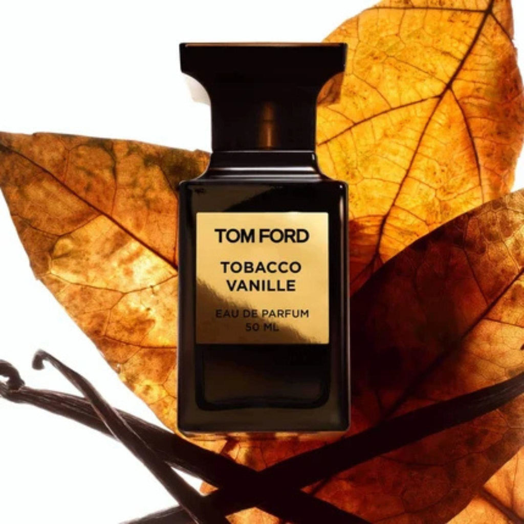 Refect Beauty Tom Ford Tobacco Vanille Eau de Parfum bottle set against autumn leaves and vanilla beans