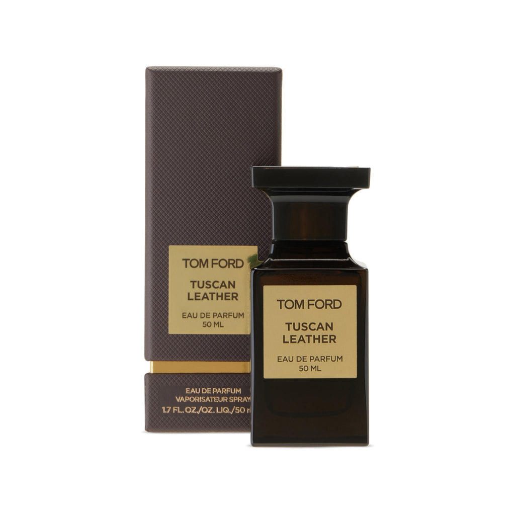 Refect Beauty Tom Ford Tuscan Leather Eau de Parfum bottle and textured brown box on a white background