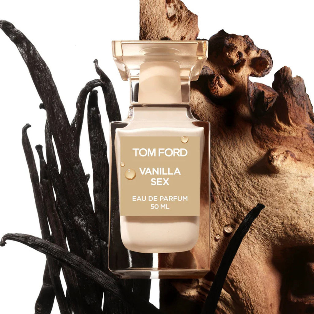 Refect Beauty Tom Ford Vanilla Sex Eau de Parfum bottle surrounded by vanilla beans and sandalwood
