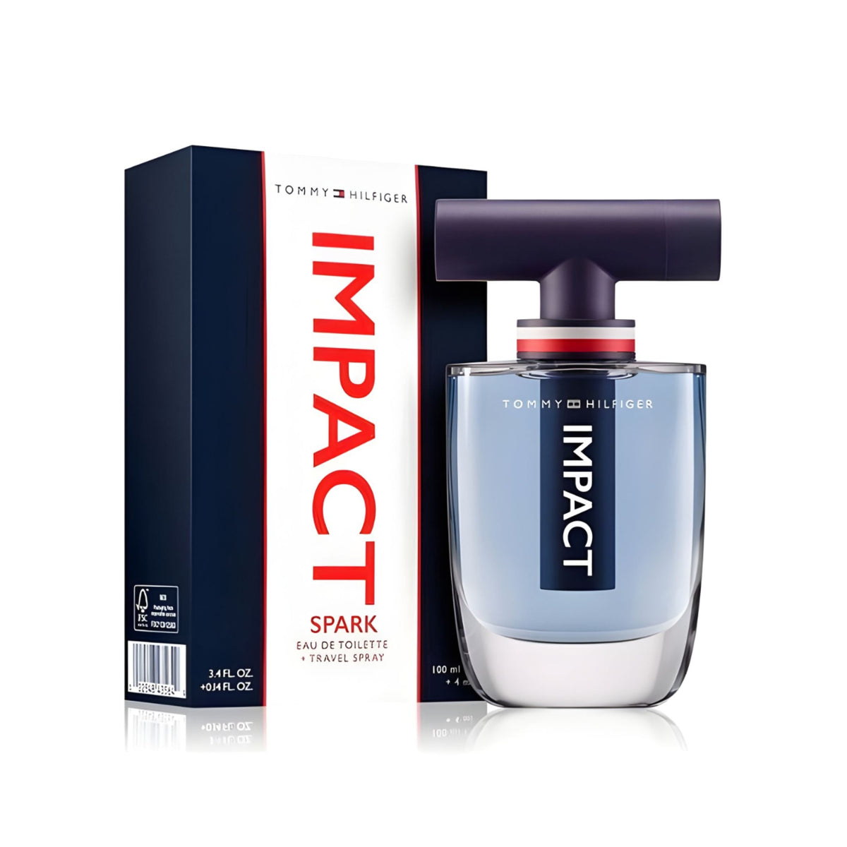 Refect Beauty Tommy Hilfiger Impact Spark Eau de Toilette bottle and box featuring a modern blue glass design