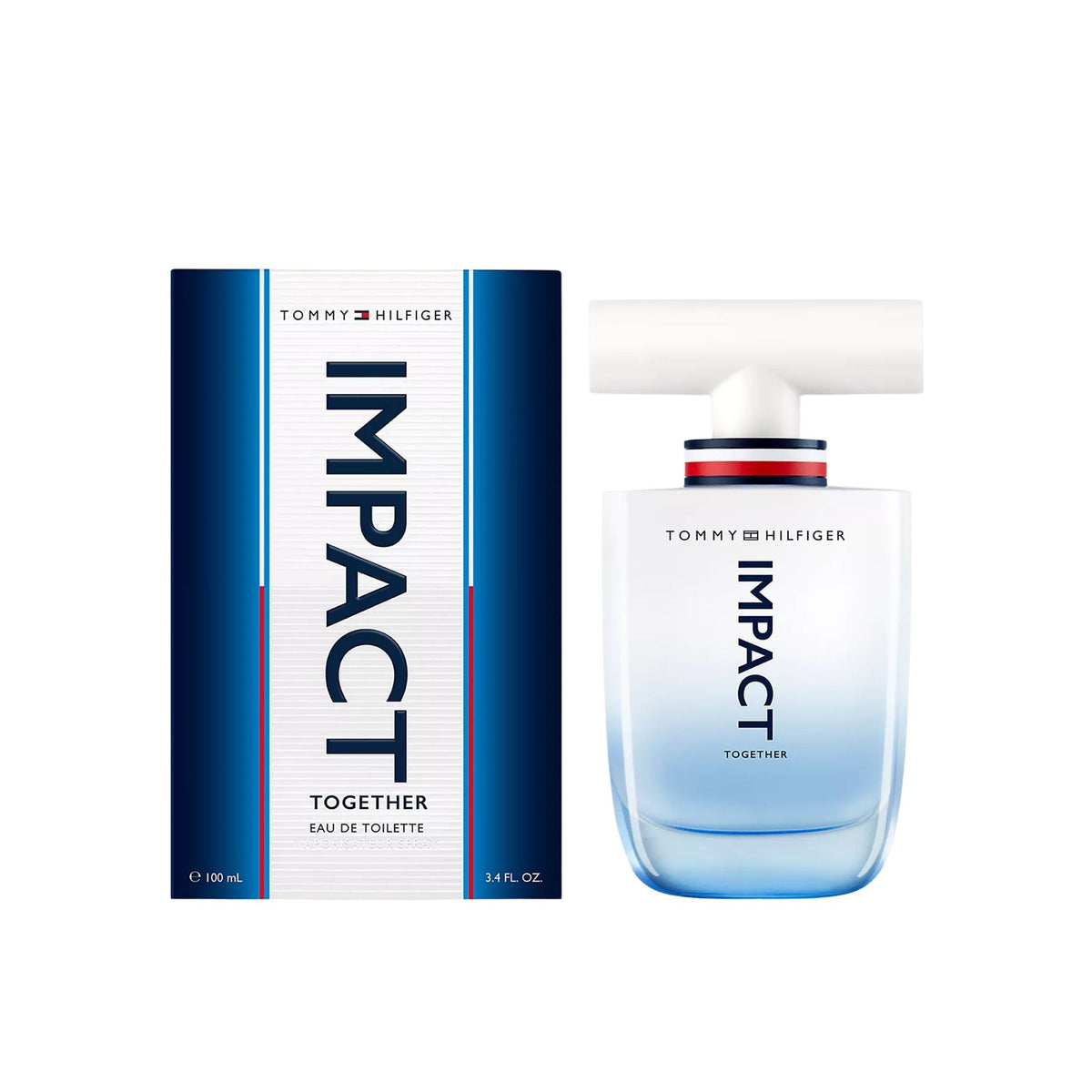 Refect Beauty Tommy Hilfiger Impact Together Eau de Toilette bottle and box with blue gradient and signature stripes.