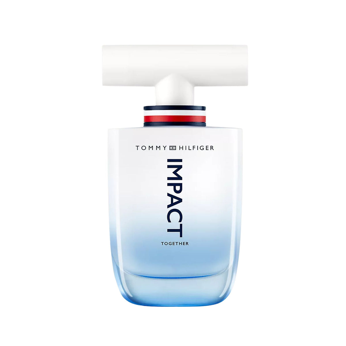 Refect Beauty Tommy Hilfiger Impact Together eau de toilette in a sleek glass bottle with a white T-shaped cap.