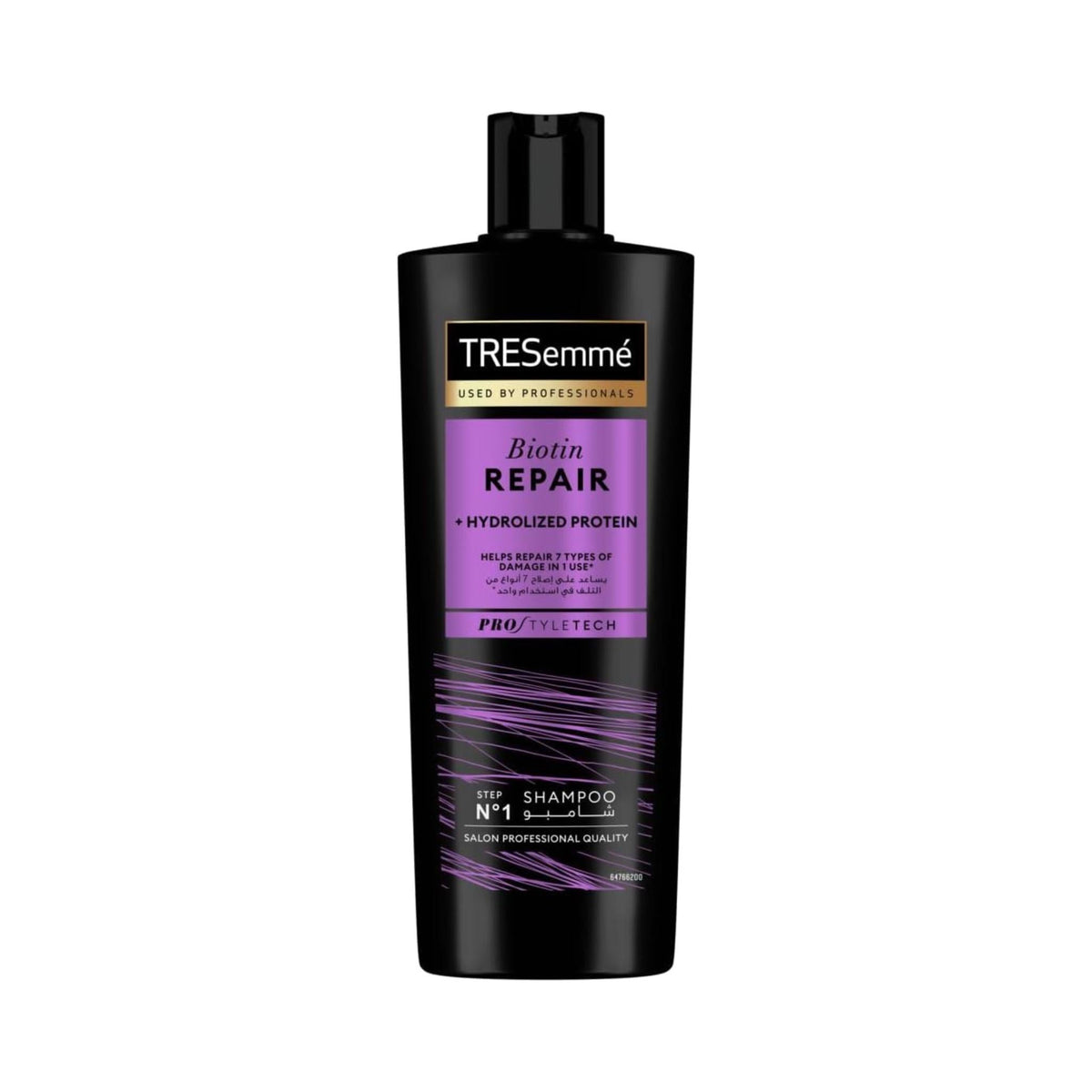 Refect Beauty Tresemme Repair 7 shampoo bottle with biotin and hydrolyzed protein for damaged hair repair.