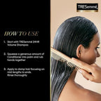 Refect Beauty instructional graphic showing how to apply TRESemmé 24-Hour Body Volume & Strength Conditioner to damp hair