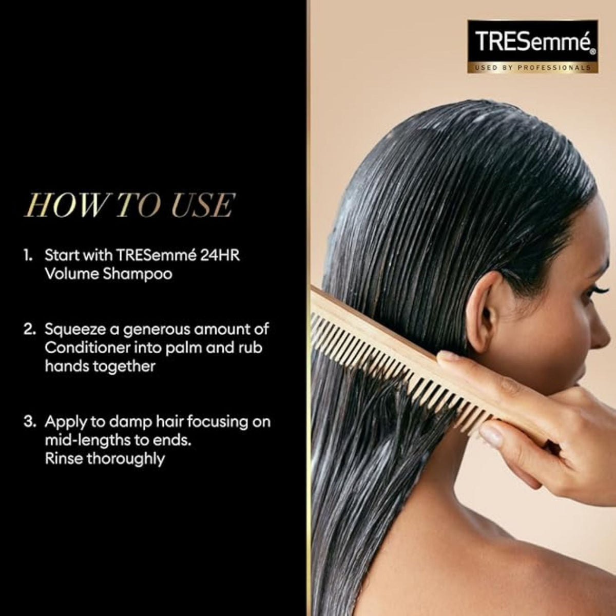 Refect Beauty instructional graphic showing how to apply TRESemmé 24-Hour Body Volume & Strength Conditioner to damp hair