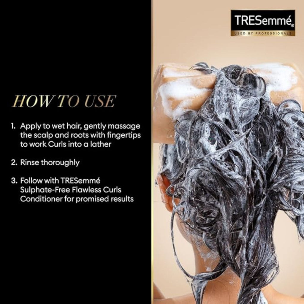 Refect Beauty TRESemmé Flawless Curls shampoo lathered in curly hair showing how to use the product
