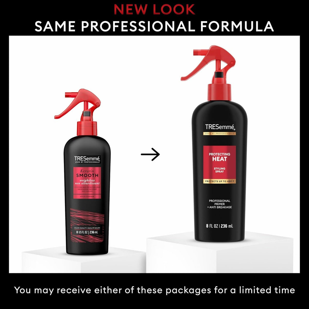 Refect Beauty TRESemme heat protectant spray bottles showing old and new packaging designs for hair styling