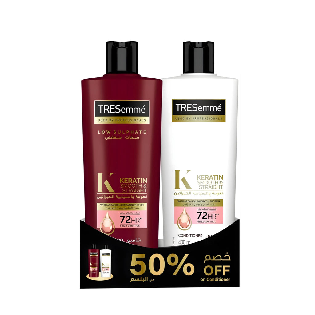 Refect Beauty Tresemme Keratin Smooth and Straight shampoo and conditioner set for frizz control and sleek hair.