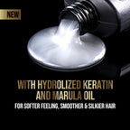 Refect Beauty Tresemme Pro Keratin Shampoo pouring out of a black bottle, showing a thick, pearlescent white texture.